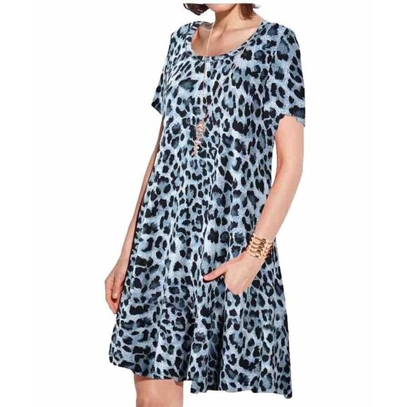 Jollie Lovin Woman's Short Sleeve Swing Dress Size 5X Leopard Print Blue Pockets - Picture 1 of 16